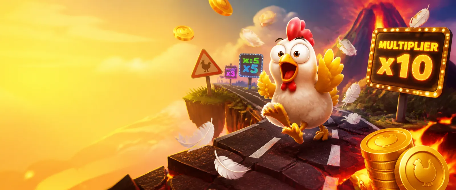 Colorful arcade-style banner with chicken crossing road, coins and playful energy